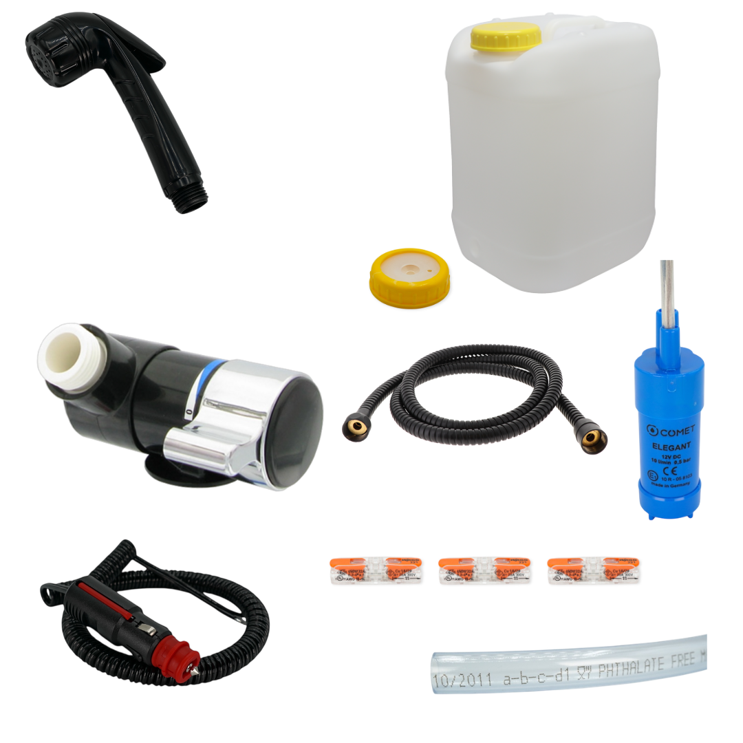 Duschset 12 V für Camper & Van – Duschkopf + Duschanschluss + Pumpe + DIN-96 Kanister