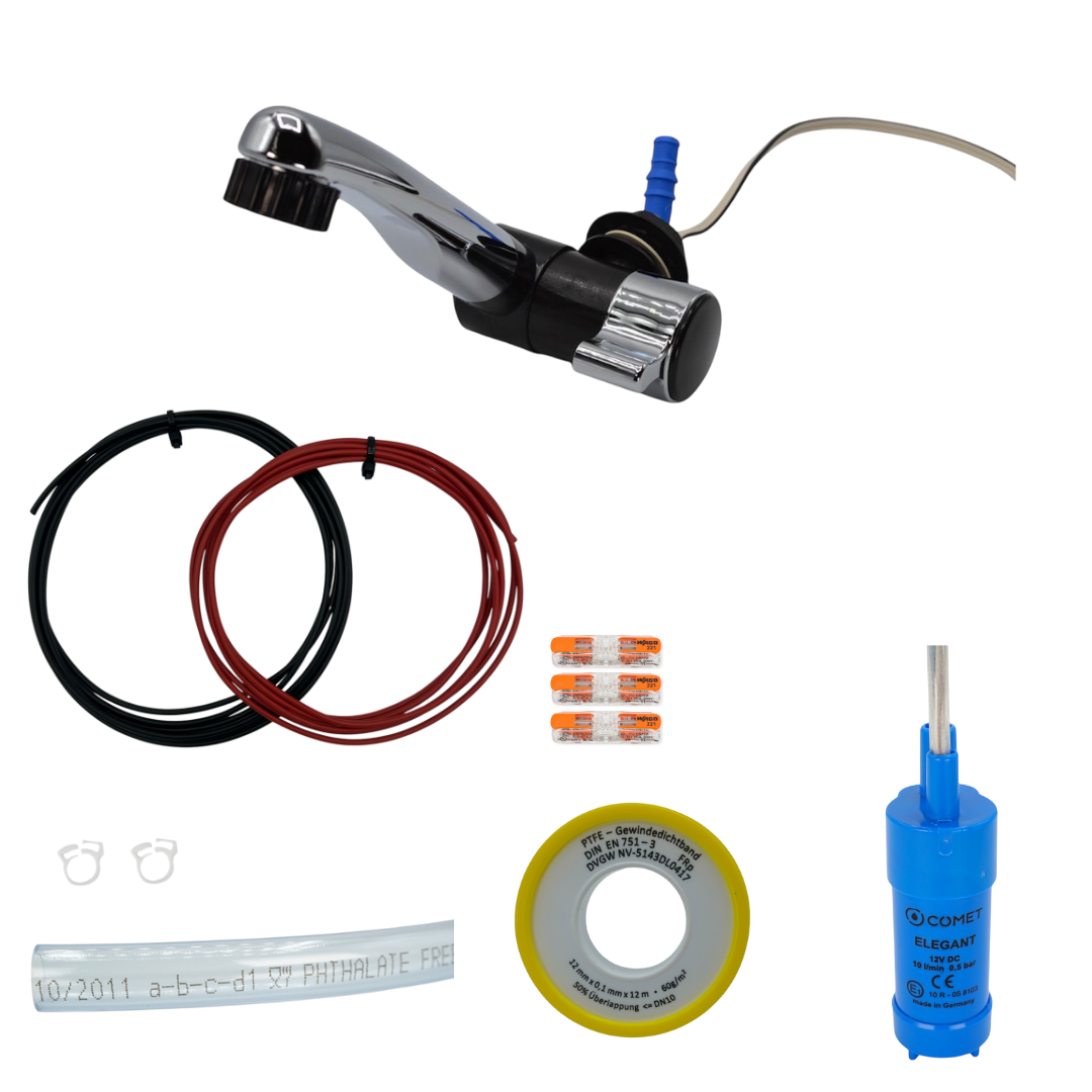 Camping-Wasserset 12-V – Plug-&-Play Armatur, Tauchpumpe & Kabelsatz