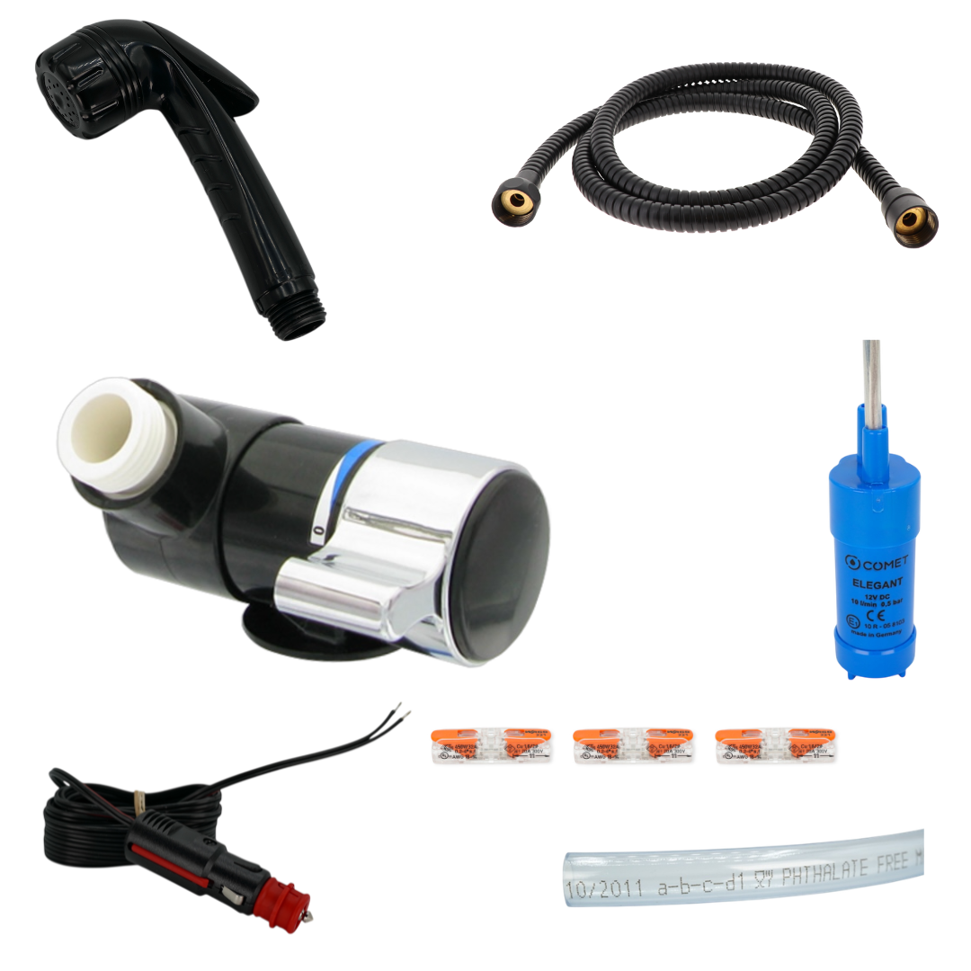 12-V Camper Dusche Set – Hebeldusche JENNY + Duschanschluss LONDON mit Pumpe & Schlauch