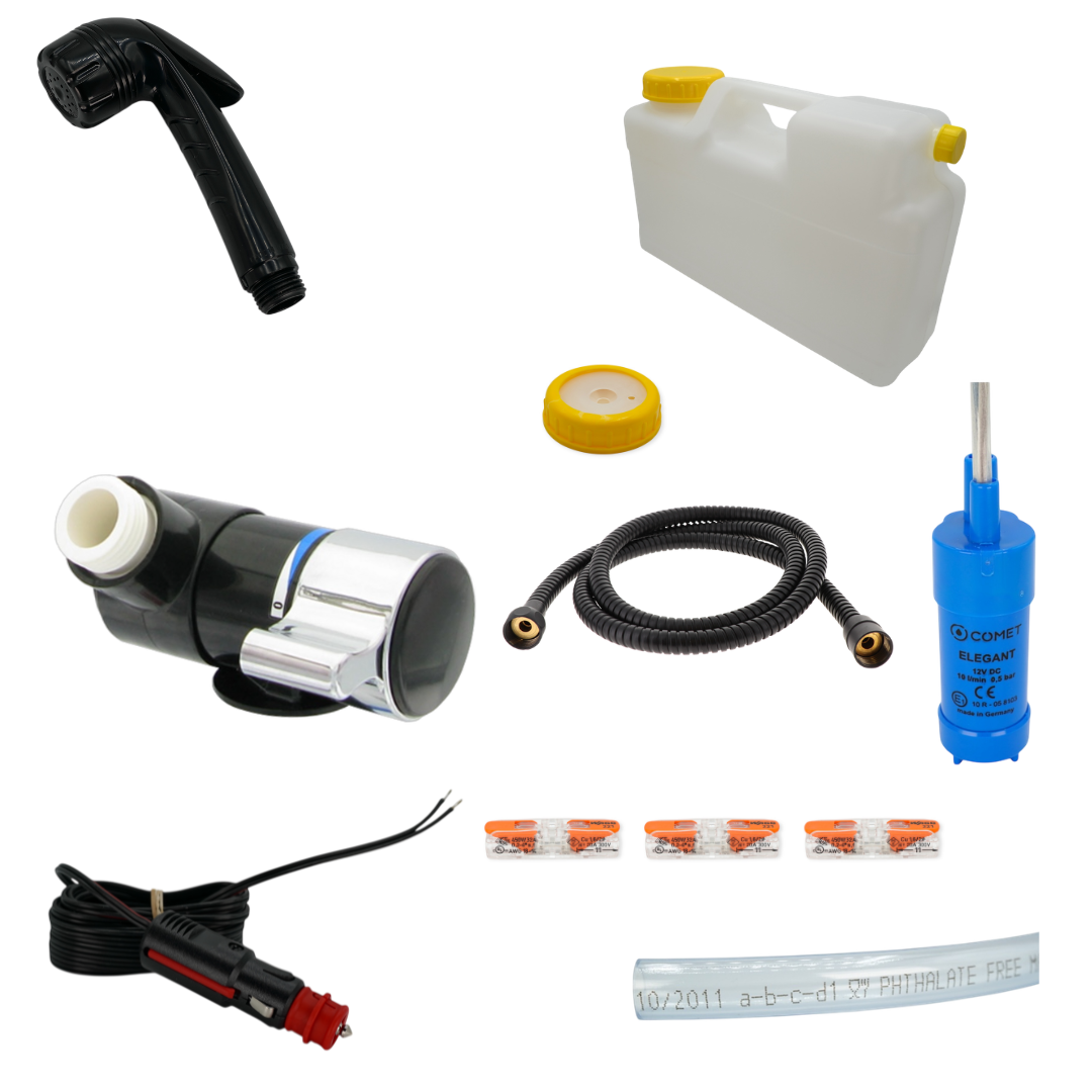 Duschset 12 V für Camper & Van – Duschkopf + Duschanschluss + Pumpe + DIN-96 Kanister