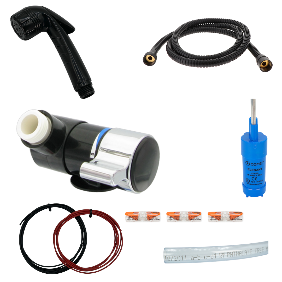 12-V Camper Dusche Set – Hebeldusche JENNY + Duschanschluss LONDON mit Pumpe & Schlauch