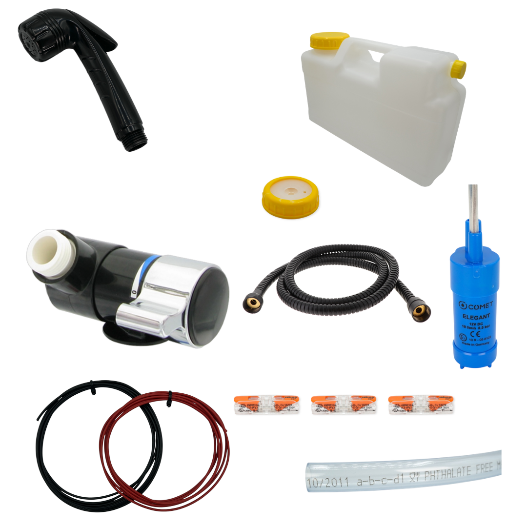 Duschset 12 V für Camper & Van – Duschkopf + Duschanschluss + Pumpe + DIN-96 Kanister