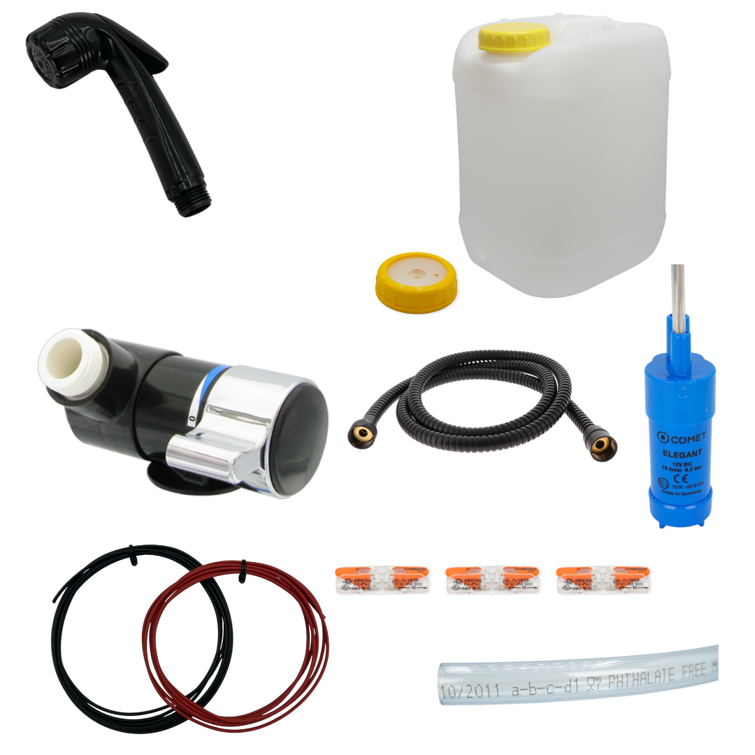 Duschset 12 V für Camper & Van – Duschkopf + Duschanschluss + Pumpe + DIN-96 Kanister