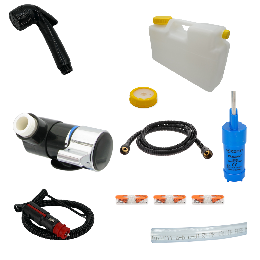 Duschset 12 V für Camper & Van – Duschkopf + Duschanschluss + Pumpe + DIN-96 Kanister