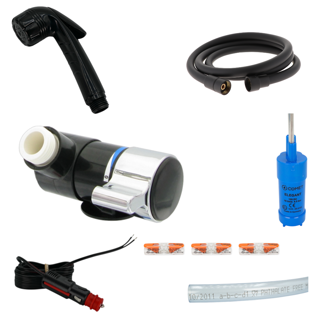 12-V Camper Dusche Set – Hebeldusche JENNY + Duschanschluss LONDON mit Pumpe & Schlauch