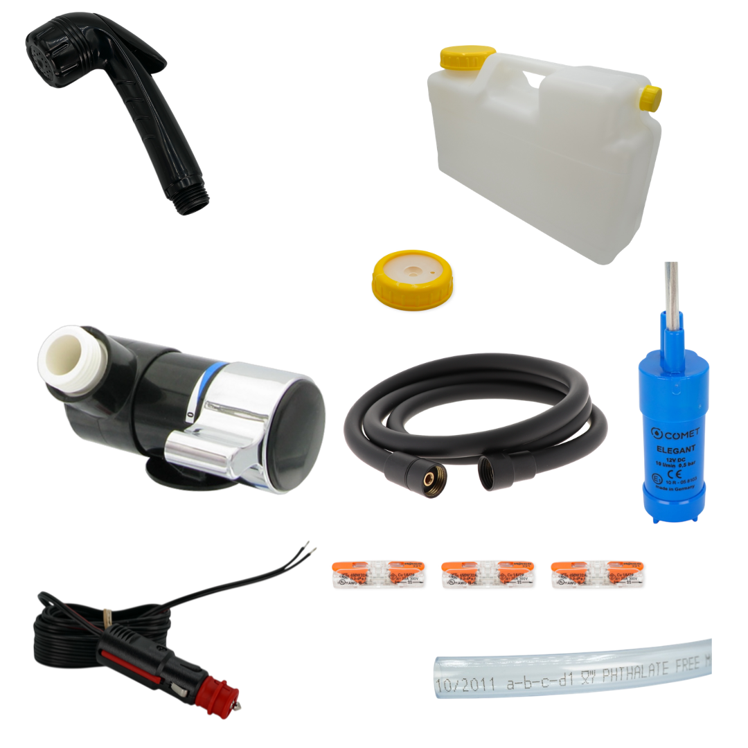 Duschset 12 V für Camper & Van – Duschkopf + Duschanschluss + Pumpe + DIN-96 Kanister