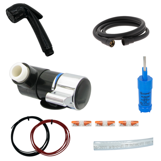 12-V Camper Dusche Set – Hebeldusche JENNY + Duschanschluss LONDON mit Pumpe & Schlauch