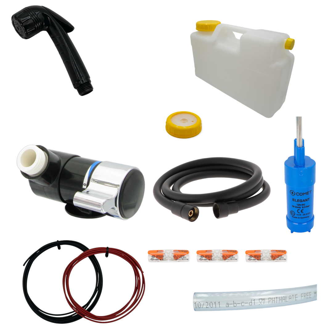 Duschset 12 V für Camper & Van – Duschkopf + Duschanschluss + Pumpe + DIN-96 Kanister