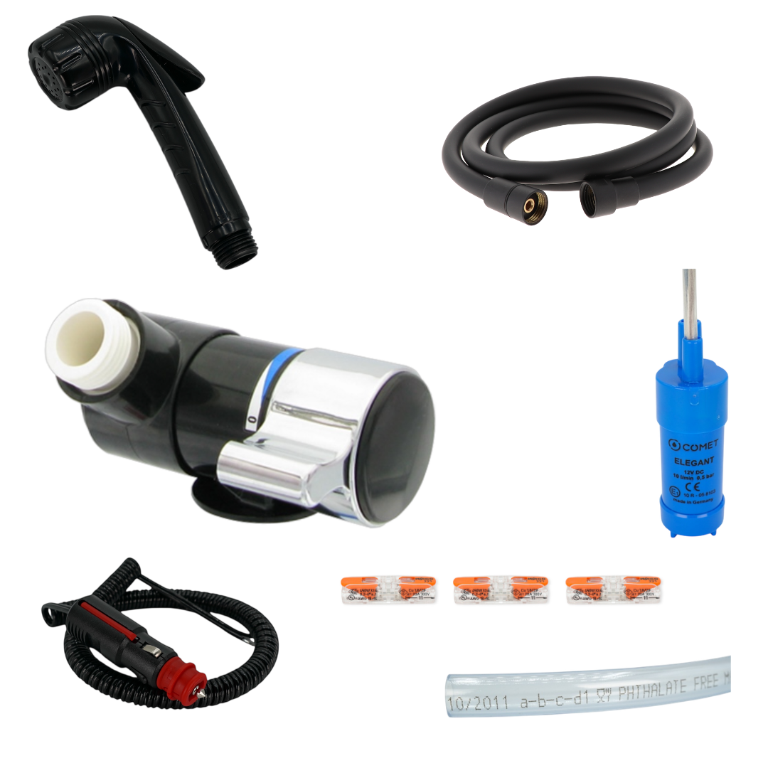 12-V Camper Dusche Set – Hebeldusche JENNY + Duschanschluss LONDON mit Pumpe & Schlauch