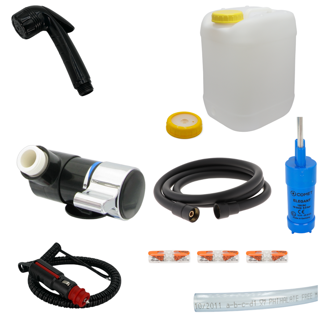 Duschset 12 V für Camper & Van – Duschkopf + Duschanschluss + Pumpe + DIN-96 Kanister