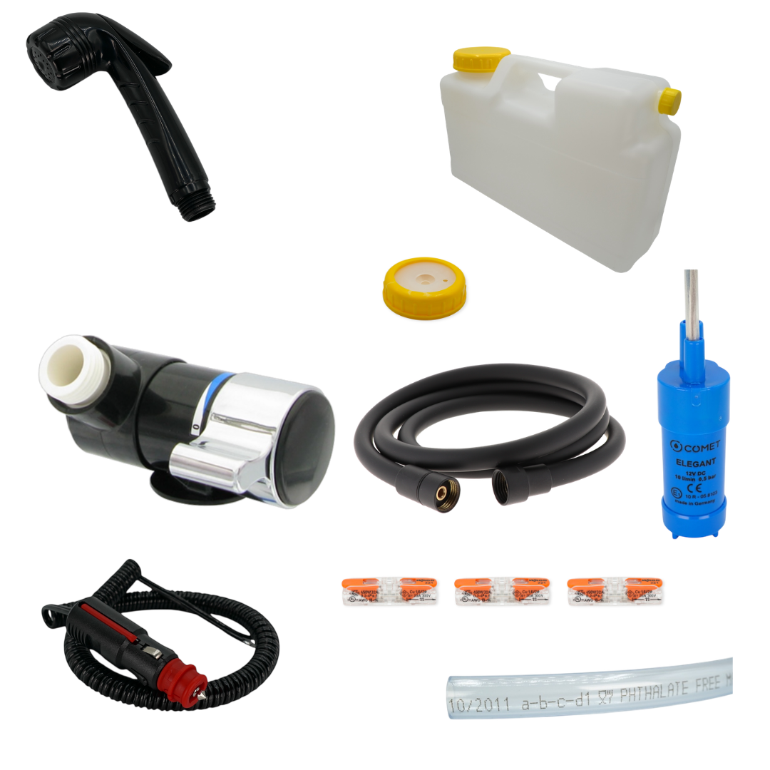 Duschset 12 V für Camper & Van – Duschkopf + Duschanschluss + Pumpe + DIN-96 Kanister