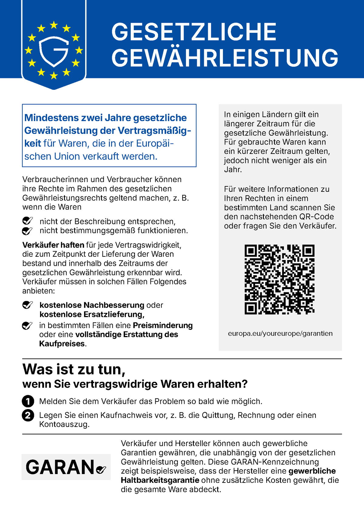 Hinweis zum gesetzlichen Gewährleistungsrecht in der EU